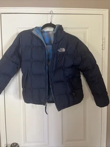 The North Face Blue Hooded Puffer Jacket 550 Reversible Youth Medium - Picture 1 of 3