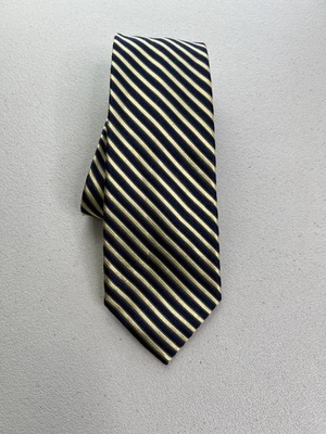 Bruno Piattelli Roma 金色,蓝色条纹图案 100% 真丝手工制作长领带全新无标签 — 第 1/4 张图片