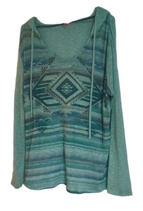 No Boundaries Womens Sweater hooded top knit Southwestern print Teal blue Sz XXL - Picture 1 of 5
