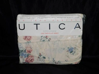 Vintage 1985 Utica NWT Beige Pink Blue Floral Twin Flat Sheet Chestnut Hill NEW - Image 1 of 4