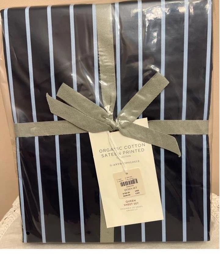 Juego de sábanas estampadas de satén orgánico con motivo azul a rayas finas ANTHROPOLOGIE NUEVO CON ETIQUETAS* Foto 1 de 1