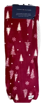 Tommy Hilfiger Plush Sherpa Throw Blanket Red Trees Christmas 50"x70" New Tags - Image 1 of 4