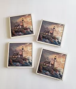 Set of 4 Thomas Kinkade Ceramic Tile Lighthouse Rocks Coasters Cork 3.75" - Picture 1 of 8