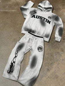 Men's Letter Print Long Sleeve Hooded Sweatshirt And Sweatpants Casual Suit Set - Picture 1 of 8
