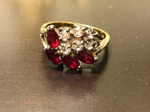 Yellow Gold Plated Sterling Silver Ring With Ruby Red & Clear Gemstones Sz 6.75 - Picture 1 of 6