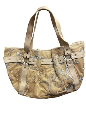 Bolso Hobo Stuart Weitzman Tela Tejida Cuero Crema Tostado Azul Cielo Usado en Excelente Condición Foto 1 de 4