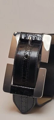 White House Black Market Wide Black Patent Leather Belt Metal Buckle Elastic  SM - Image 1 of 4