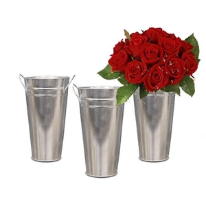 3 Packs 15 Inch Galvanized Metal Vases French Flowers Bucket with Handles Rus... - Picture 1 of 7