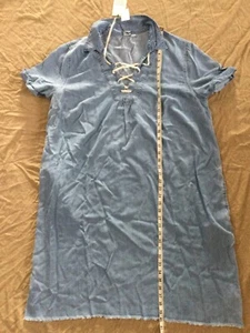 Gap NWT XL Maternity Denim Chambray Raw Hem Lace Up Dress 16 Blue Pockets - Picture 1 of 9