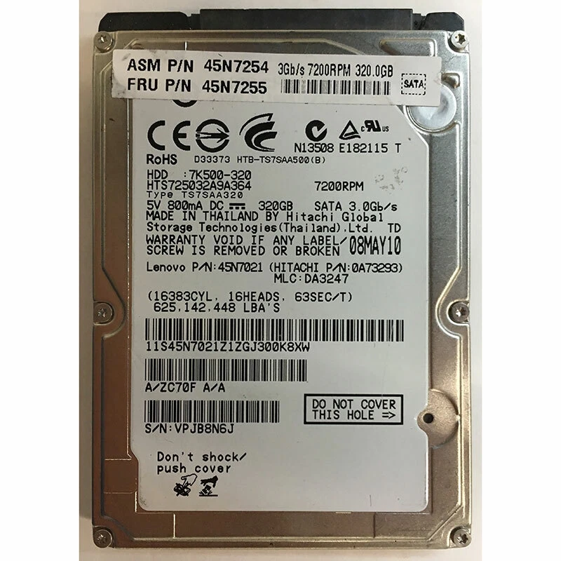 45N7255 - Lenovo 320GB 5400 RPM SATA 2.5" HDD Hitachi HTS725032A9A364 version - Image 1 of 1