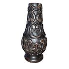 Vase vintage en bois tourné 3D design floral marron rustique primitif sculpté à la main 12"