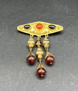 Etruscan Revival Style Gold Tone Dangle Brooch, Large - Picture 1 of 6