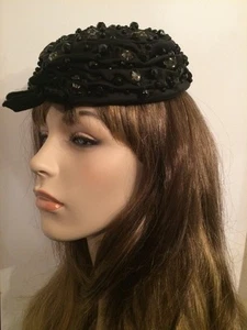 Vintage Black Satin w Crystal Pillbox Hat by Muirs East Orange- Union Made Sz 22 - Picture 1 of 12