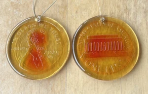 Blenko Glass Suncatcher - Penny - Head and Tail Set - Tangerine - Picture 1 of 7