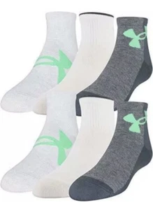6 Pair Under Armour Youth 13.5K-4Y Essential Lite Quarter Socks Gray White Green - Picture 1 of 11