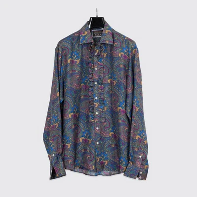 Camisa Thomas Rosa Seda Talla 17 Fab Four Estampado Paisley Volantes Frontal Tema Beatles Foto 1 de 4