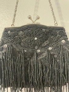 Black Satin Sequin Beaded Tassel Kisslock Evening Bag Purse Costume Wedding - Picture 1 of 18