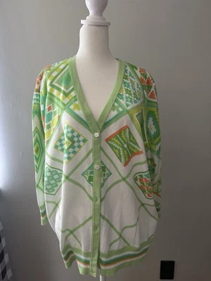 Bob Mackie носимый искусства кардиган зеленый, белый и оранжевый геометрический размер XL новый с Ярлыками - Изображение 1 из 4