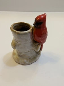 Cardinal Perched On Tree Stump Ceramic Candle Tooth Pick Holder Holiday Decor - Picture 1 of 10