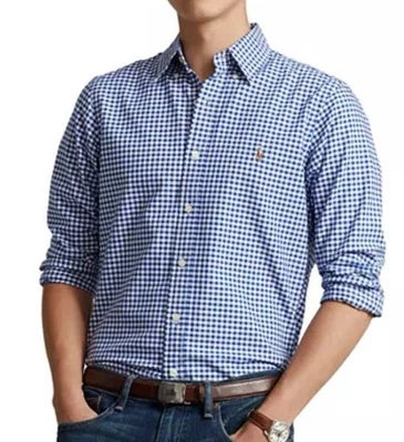 Polo Ralph Lauren Pequeño Calce Clásico Elastizado Escocés Popelina Camisa Azul Blanco Nuevo Foto 1 de 4