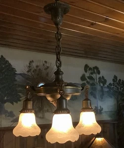 ANTIQUE BRASS 3 LIGHT HANGING ART DECO CEILING CHANDELIER FIXTURE ORIG SHADES - Picture 1 of 20