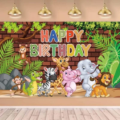 Telón de fondo de cumpleaños de animales de la selva para niños - decoración fotográfica de vida silvestre tropical Foto 1 de 4