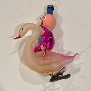 RARE Vintage De carlini Italy Glass Christmas Clip Ornament Boy Elf Riding Swan - Picture 1 of 11
