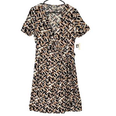 Anne Klein Womens Faux Wrap Dress - Coffee Multi Geo Print - Size 10 - $99 - Image 1 of 4
