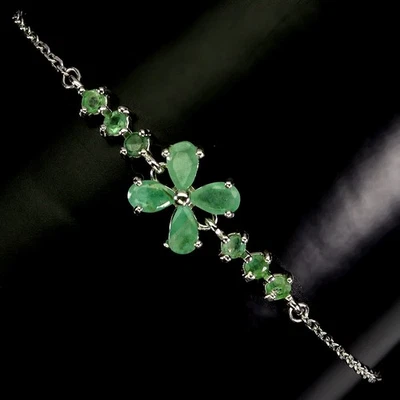 925 Sterling Silver Bracelet Pear Emerald 5x3mm Natural Gemstone Jewelry 7inches - Image 1 of 4