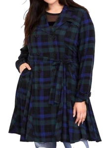 NWT Torrid 1X Blue Green Tartan Plaid Trench Coat Fit Flare Tie Double Breasted - Picture 1 of 5