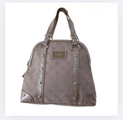 XOXO Tote VINTAGE Taupe Logo Large Shoulder Purse Fabric w/ Vinyl Trim Bag  - Image 1 of 4