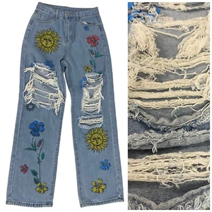 Shein Jeans Womens Size 4 Celestial Floral Distressed Destroyed Grunge Rock - Picture 1 of 14