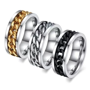 Men Unisex Cuban Link Ring Band Silver Gold Black Blue Stainless Steel Size 8-13 - Picture 1 of 8