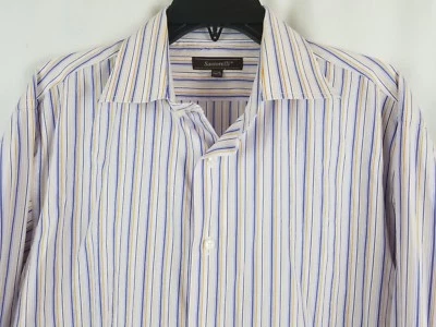 Santorelli Men's Blue Yellow Stripe Luxury Cotton Dress Shirt 17 XL Slim Fit - Image 1 of 3