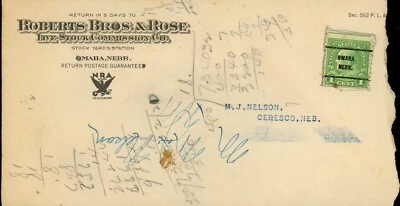 Robert Bros & Rose Maha. Nebraska Envelope 1c Precancel Franklin Stamp - Image 1 of 2