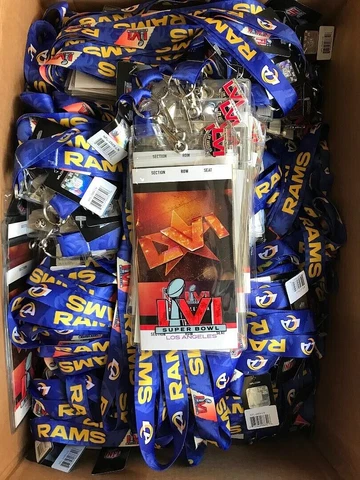 Box of 100 Sets Super Bowl 56 Los Angeles Rams Lanyards & Ticket holders & Pins Cover