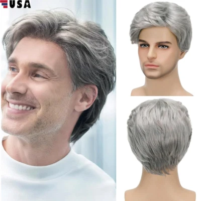 男式假发短银色灰色假发合成耐热天然角色扮演头发假发 — 第 1/4 张图片