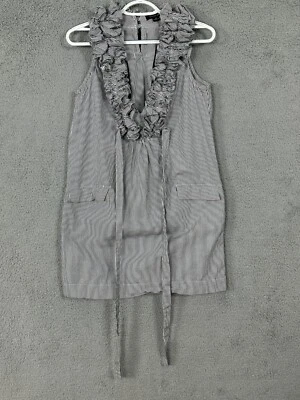 Double Zero tank dress womens medium gray white hairline striped ruffle v neck - Image 1 of 4