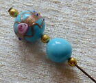 Vintage 1970's Murano Venice 5" Turquoise Blue Gold Blown Glass Scarf / Hat Pin