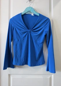 Wunderschöne einfarbige royalblaue Langarm Glockenärmel V-Ausschnitt Pullover Bluse Gr. M - Bild 1 von 18