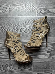 Jimmy Choo Gold Cage Stiletto Size 37 Glitter Sandals USA 6.5 - Picture 1 of 9