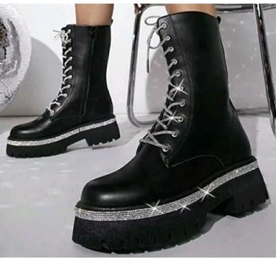 Botas de Combate Wild Diva Cristal Encaje MUNICH TALLA 8 GÓTICO PUNK ESTRÁS BLING NUEVAS Foto 1 de 4