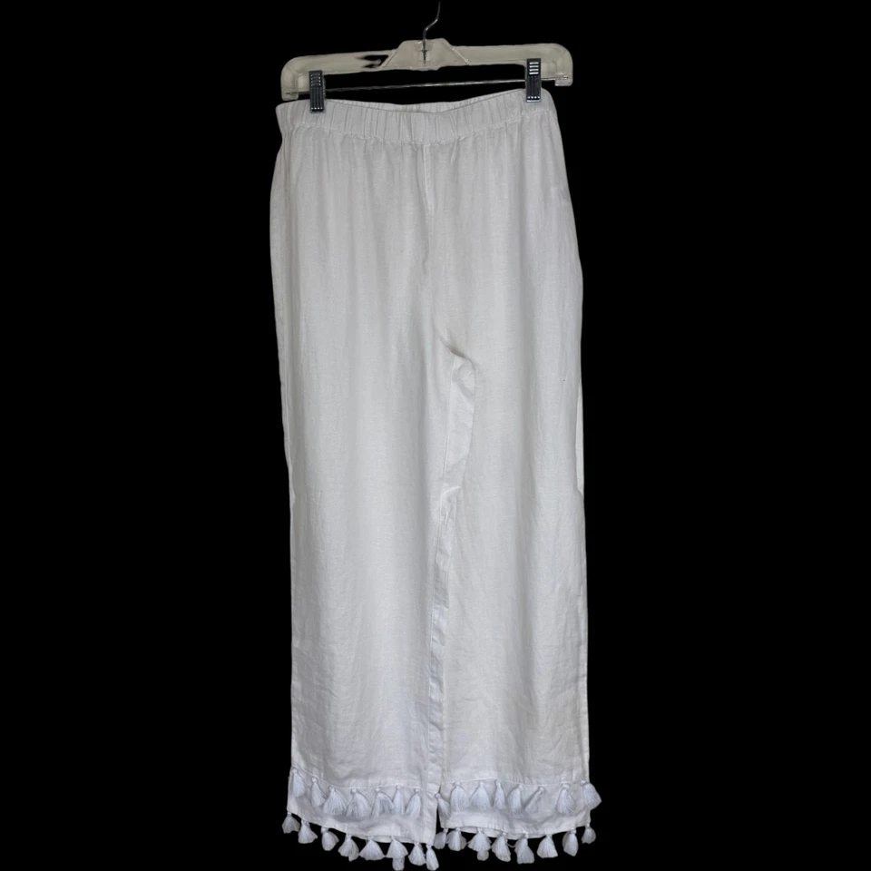 Pantalones de lino Rachel Zoe M blanco borla dobladillo pierna ancha 100 % lino cintura elástica Foto 1 de 4