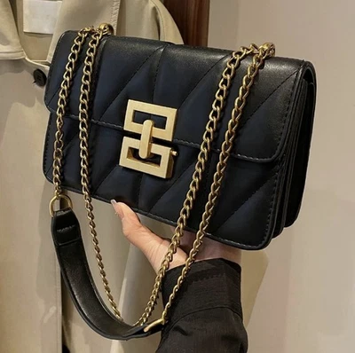 Fashion Chain Strap Quilted Pu Leather Square Bag, Simple Plain Rhombus Embossed - Image 1 of 4