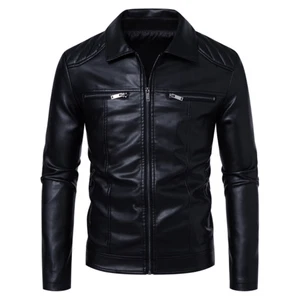 Men Casual Lapel Collar Windbreaker with Zipper Pockets Faux Leather Jacket Coat - Picture 1 of 21