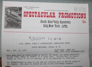 1971 ISLIP SPEEDWAY DEMOLIZIONE DERBY DRIVER PROMOZIONALE PUBBLICITÀ E MODULO ISCRIZIONE - Foto 1 di 6