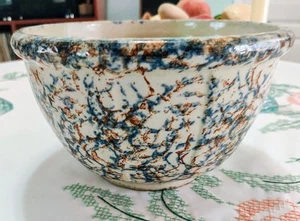 Vintage Red Wing Spongeware Blue-Rust Pottery #8 -8 1/4" 6 Panel Mixing Bowl 2QT - Picture 1 of 14