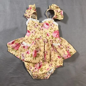 Arabella and Rose Romper Dress Girls Size 00 Yello Pink Floral Pockets - Picture 1 of 9