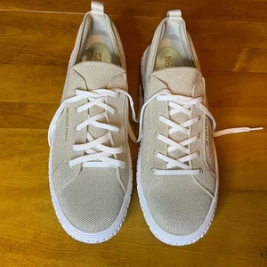 Michael Kors Women Beige Gold Metallic Lace Up Low Top Sneakers Shoes SZ 11 New - Picture 1 of 10