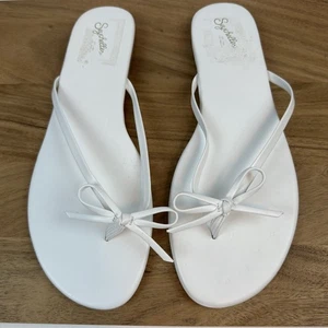 Neue Damen-Sandalen Seychellen Wunschliste weiß Schleife Riemen-Flip-Flops Größe 12 M - Bild 1 von 10